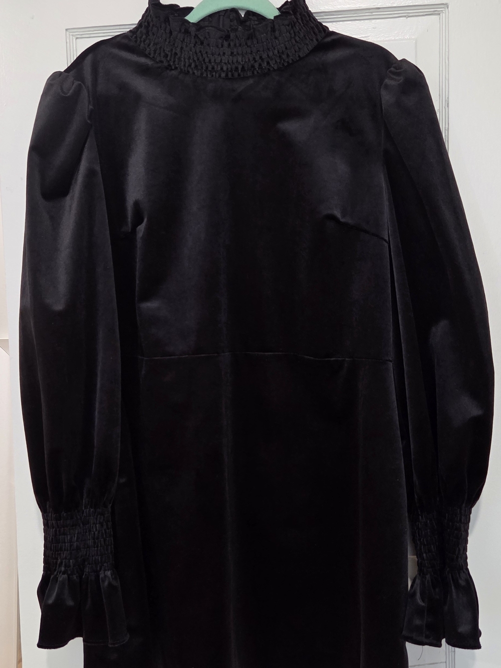 Impressions Black Velvet High Smocked Neck Long Sleeve Dress